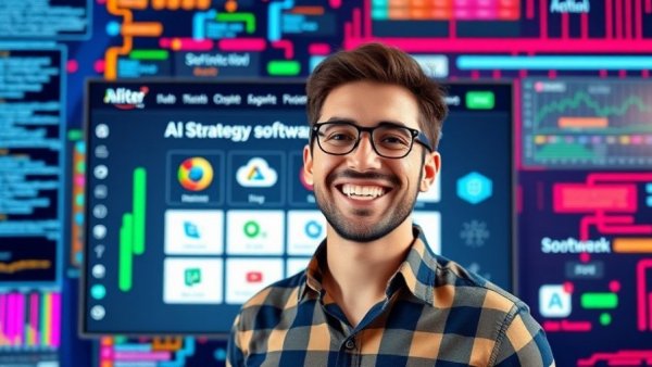 Cheerful man promoting Growth AI Strategy with software logos and website.