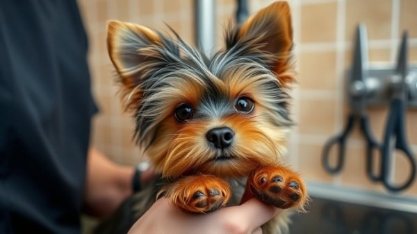 Yorkshire Terrier gets paws groomed, dog grooming tips.
