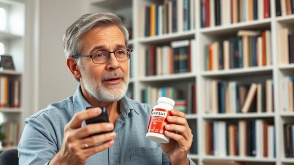 Man discussing Magnesium for dogs with supplements in home office.