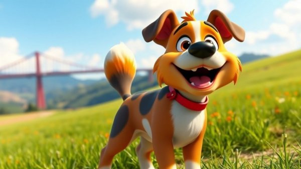 Funny pet cartoon dog in colorful 3D style outdoors.