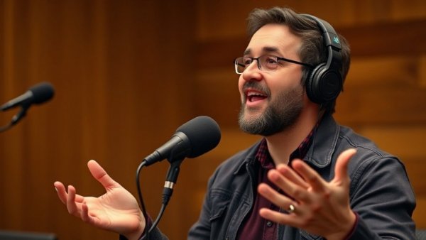 SEO Marketing expert speaking on a podcast, vibrant wooden setting.