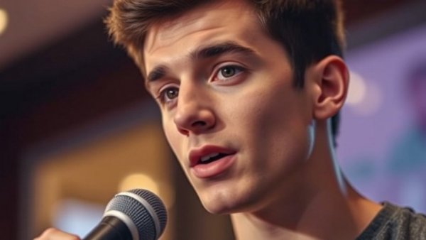 Viral Campaign Impact on America: Young man discussing on mic, indoor setting.