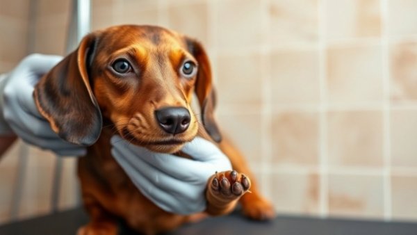 Brown dachshund nail trimming, dog grooming tips visual.