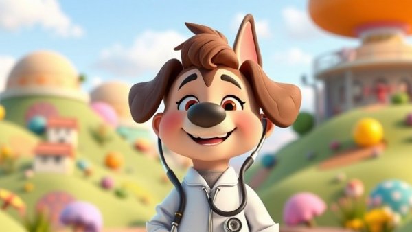 Funny pet cartoon vet character for kids in vibrant landscape.