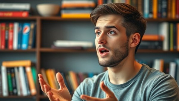 Young man discussing sex and violence in movies, focused expression.