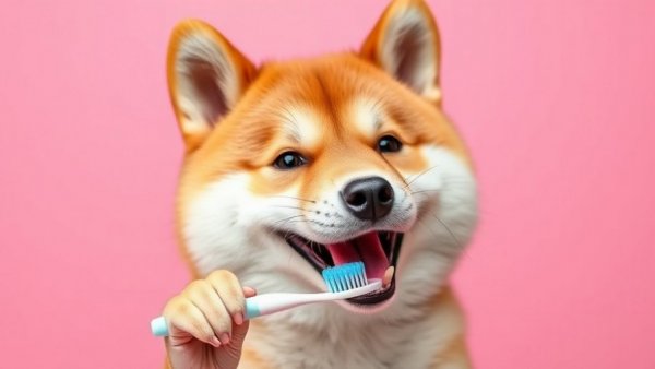 Playful Shiba Inu with toothbrush in pink background
