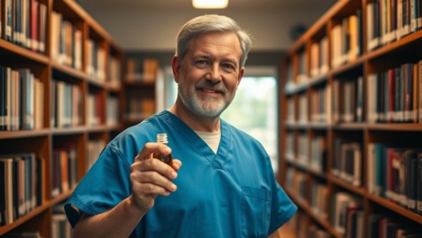 Middle-aged man in blue scrubs discussing iron supplements for pets.