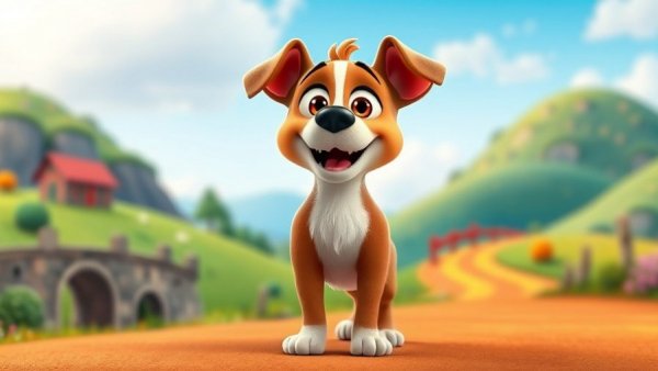 Funny pet cartoon dog in colorful countryside