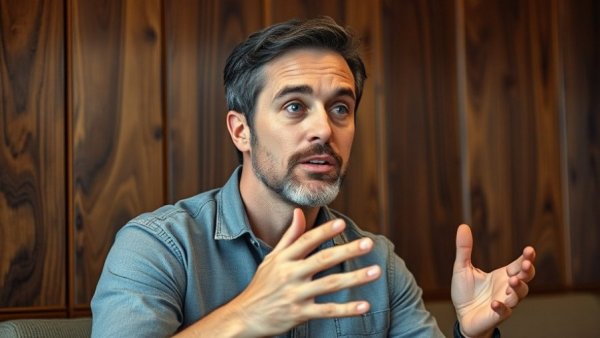 Candid man speaking, gesturing with intent, wood-paneled background.