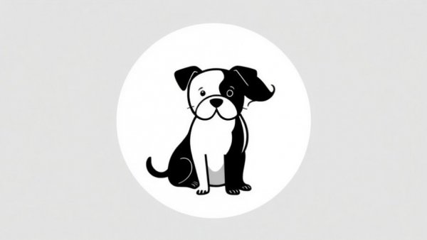Minimal dog illustration, black and white, circular design.