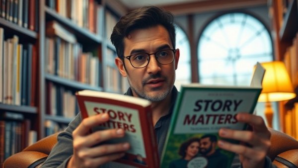 Person explaining romance tips in a library.