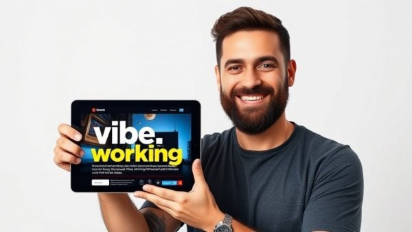 Vibe working era headline held by smiling man.