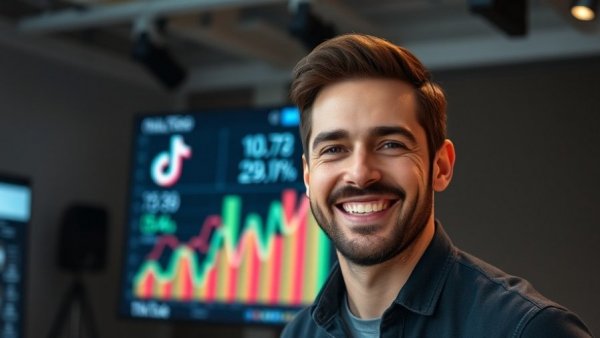 AI TikTok Ad Creation: Smiling man with TikTok data display.