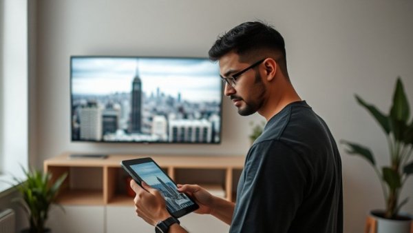Person analyzes cityscape images on screen, comparing real vs fake.