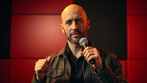 Bald man holding microphone, content marketing discussion, warm backdrop.