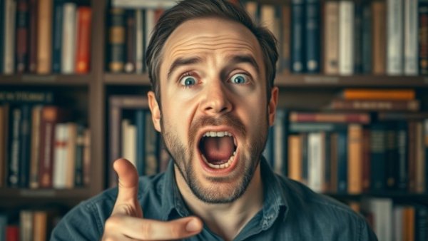 Man expressing frustration about subplots with bookshelves in the background.