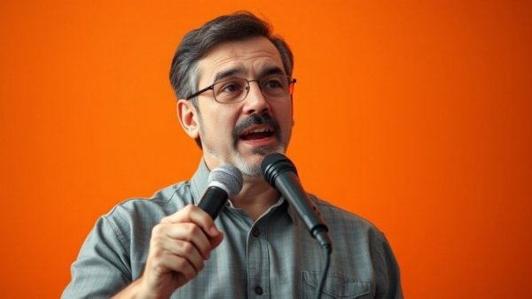 Engaging speaker discussing content marketing, vibrant setting.