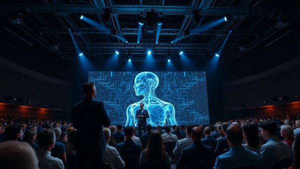Futuristic presentation on AI agents in business, large audience.