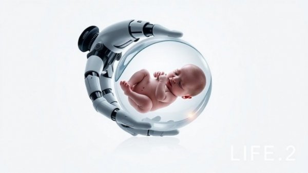 Futuristic robotic hand with baby, technology and life integration.