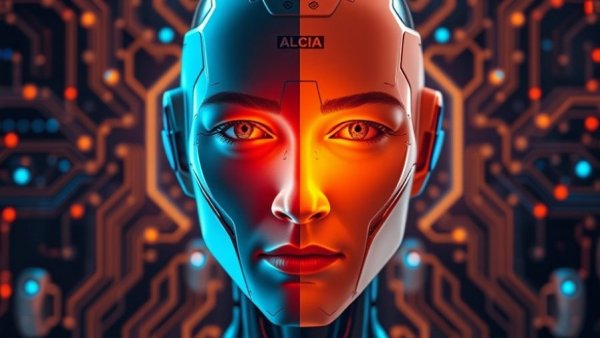 Illustration of AI challenges: human and robot face split.