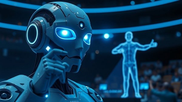 Futuristic AI robot in a digital conference on AI trends 2026.