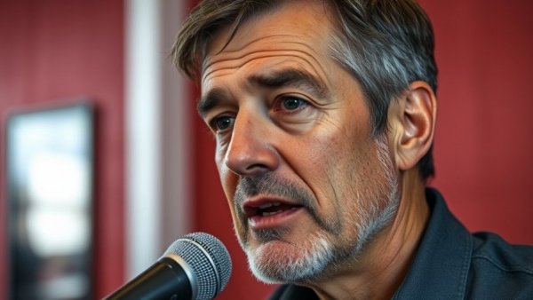 Middle-aged man speaking on SEO marketing with a red wall background.