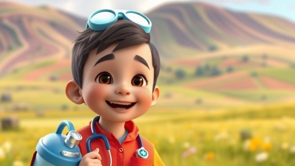 Pet cartoon for kids featuring cheerful animated child in colorful vet attire.