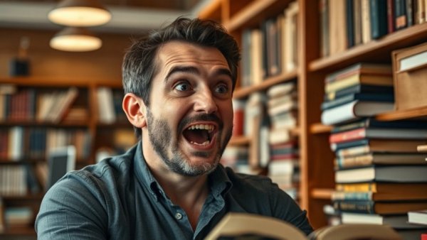 Enthusiastic man discussing how to choose your subplots in a library.
