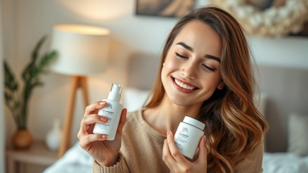 Content marketing micro-influencer showcasing skincare product.