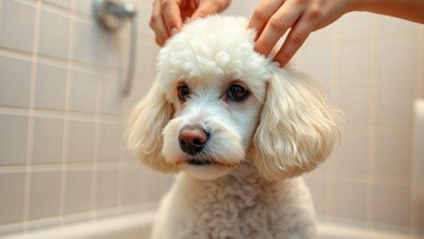 Dog grooming tips with a poodle in a tiled bathroom.