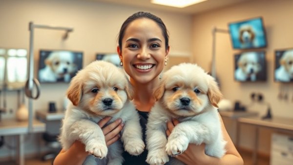 Content person holding two puppies in a grooming salon, how to take care of a dog.