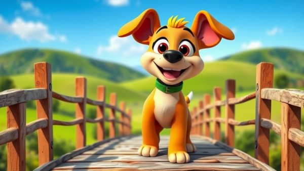 Cute dog from pet cartoon for kids in playful setting.