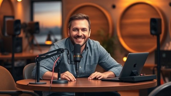 Man starting a video podcast in 2026 in a modern studio.