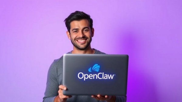 Smiling man with laptop showing OpenClaw logo, Web 3.0 query.