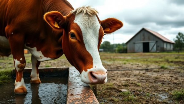Mini Hereford cow drinking water from a trough in a rural setting.