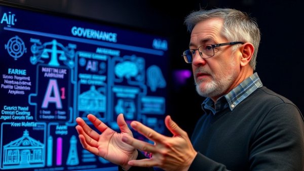 AI Agent Security: Man explaining AI security with digital background.