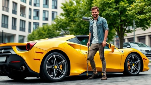 Man with crutches by yellow Ferrari on city street, ready for kid driver.