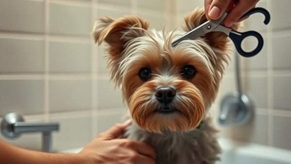 Dog grooming tips with a small dog getting a haircut in a bathroom.