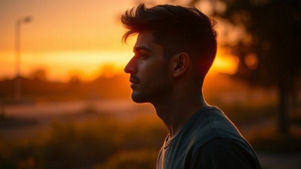 Silhouette of a man enjoying morning light exposure at sunrise.