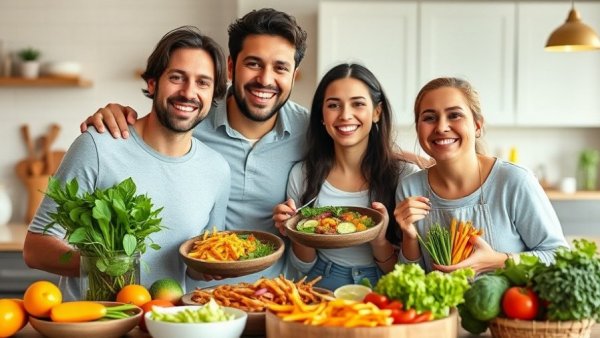 Family enjoying plant-based meal prep for large families in modern kitchen.