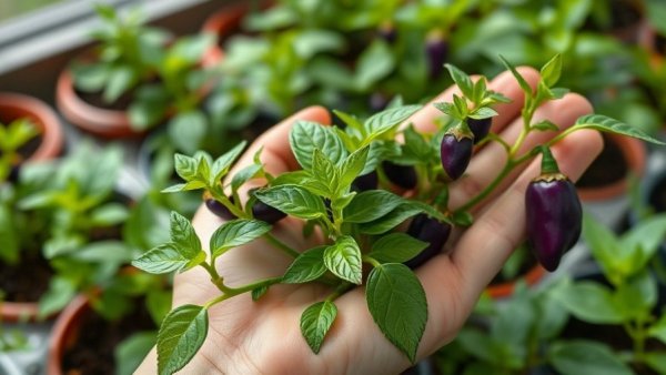 Close-up of purple pepper seedlings with vibrant leaves.