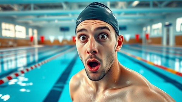 Surprised swimmer displaying sweat loss during swimming concept at indoor pool.
