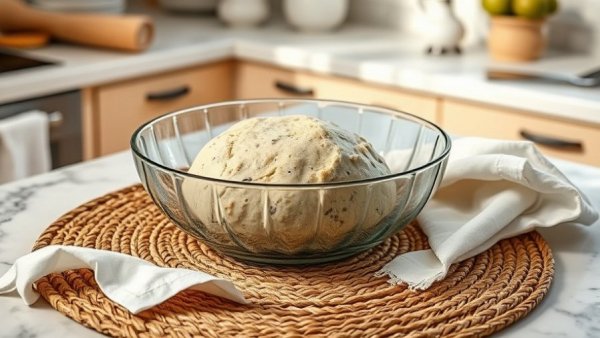 Maamoul dough recipe: dough in a glass bowl on a woven mat.