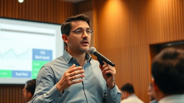 Professional speaker discusses engagement rates in a modern setting with warm lighting.