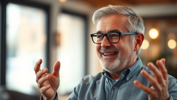 Smiling man gesturing while discussing health tips.
