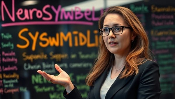 Confident woman explaining NeuroSymbolic AI with colorful visuals.