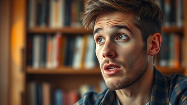 Young man discussing how to write better story stakes, surrounded by books.
