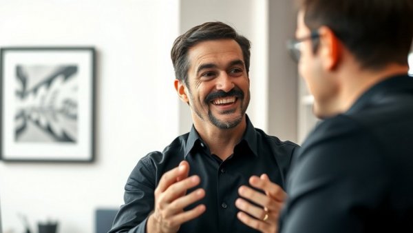 Middle-aged man energetically speaking in office, linked to best AI planner with calendar sync