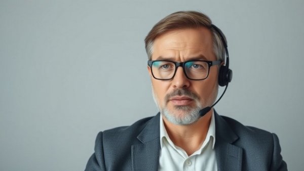 Middle-aged man with glasses speaking on headset.