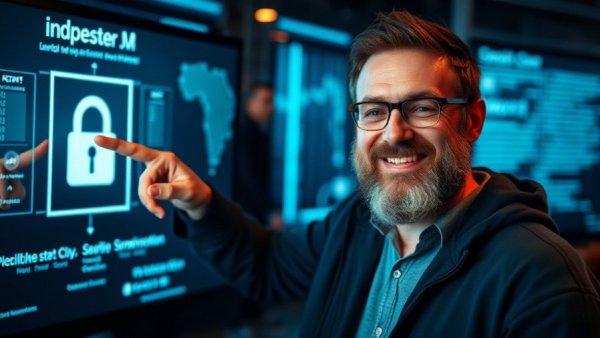 AI email assistants: Man pointing at digital icon, text overlay.